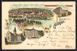 Lithographie Aarau, Ortsansicht, Neue Kaserne, Gewerbe-Museum, Neue Kantonschule - Aarau