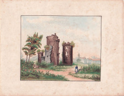 Belle Aquarelle Signée CH. CONCHONDON . Paysage De Ruines Et Village - Gouaches