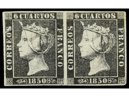 (*) ESPAÑA. 6 Cuartos Negro Plancha II, Pareja. Sello Izquierdo Algún Corte Y Leves Manchas Del Tiempo. Ed.1A. - Altri & Non Classificati
