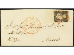 ESPAÑA. 1850. MATARÓ A MADRID. 6 Cuartos Negro, Mat. Araña ROJA Y Fechador MATARO/CATALUÑA. Muy Bonita, Sello Con Cuatro - Altri & Non Classificati