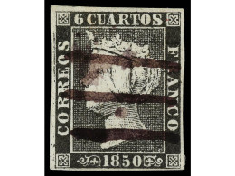 ° ESPAÑA. 6 Cuartos Negro, Pl. II. Mat. RAYAS DE TINTA. MAGNÍFICO. Ed.1A. - Altri & Non Classificati
