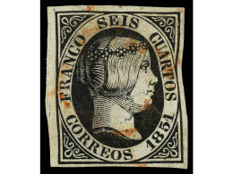 ° ESPAÑA. 6 Cuartos Negro. Interesante Variedad Con Toda La Impresión De La Zona Derecha Del Sello 'ondulada'. Variedad  - Altri & Non Classificati