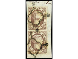 ESPAÑA. 12 Cuartos Lila. Pareja Vertical Sobre Fragmento. Muy Bonito. Ed.7. - Other & Unclassified
