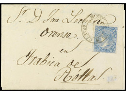 ESPAÑA. 1865. SEOANE BELLO A ORENSE. 4 Cuartos Azul, Mat. CASTRO/CALDELAS En Negro. Al Dorso, Tránsito LALIN/PONTEVEDRA. - Altri & Non Classificati