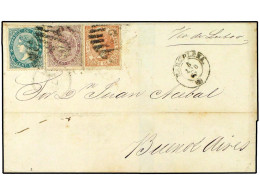 ESPAÑA. 1867. BARCELONA A BUENOS AIRES. 50 Mils. Casta, 10 Cts. Verde, 20 Cts. Lila. Circulada Vía De Lisboa. Precioso F - Altri & Non Classificati