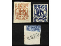 ESPAÑA ENTEROS POSTALES. 1872. 5 Cts. Castaño Y 5 Cts. Azul ENSAYOS DE PLANCHA Más Una Maculatura Del 5 Cts. Castaño Con - Otros & Sin Clasificación