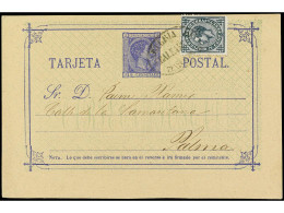 ESPAÑA ENTEROS POSTALES. 1876. BENISALEM A PALMA. Entero Postal De 5 Cts. Azul Con Sello De Imp. De Guerra De 5 Cts. Ver - Otros & Sin Clasificación