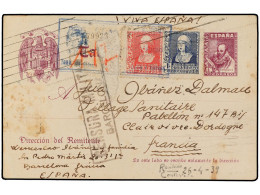 ESPAÑA GUERRA CIVIL. 1939. BARCELONA A DORDOGNE. Entero Postal De 15 Cts. Lila Con Franqueo Adicional De 30 Cts. Y 1 Pta - Altri & Non Classificati