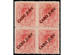 ** COLONIAS ESPAÑOLAS: CABO JUBY. 10 C. Rojo, DOBLE HABILITACIÓN En Rojo Y Negro. BLOQUE DE CUATRO. Ed.8hhcc. Cat. 960€. - Otros & Sin Clasificación