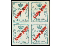 ** COLONIAS ESPAÑOLAS: CABO JUBY. 1 Céntimo Verde, DOBLE HABILITACIÓN En Rojo. Bloque De Cuatro. Ed.19hh. - Otros & Sin Clasificación