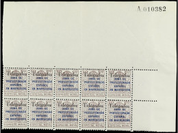 ** COLONIAS ESPAÑOLAS: MARRUECOS. TELÉGRAFOS. 10 Cts. Castaño. CAMBIO DE COLOR EN LA HABILITACIÓN. Bloque De 10, Esquina - Altri & Non Classificati