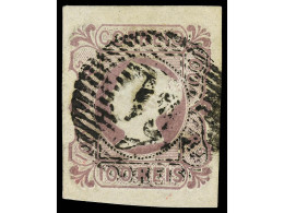 ° PORTUGAL. 100 Reis Lila, Mat. Círculo De Barras Con Cifra '61' De Guimaraes. Bonito Ejemplar. Cert. E. MOHRMANN. Mu.4. - Otros & Sin Clasificación