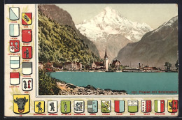 AK Flüelen, Uferpartie Mit Bristenstock, Wappen Von Bern, Schwyz Und Glarus, Passepartout - Flüelen