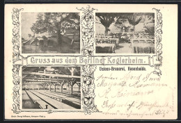 AK Berlin-Kreuzberg, Gasthaus Unions-Brauerei Hasenhaide, Berliner Keglerheim, Aussen- U. Innenansichten - Bowling