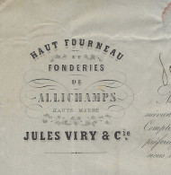 1865 HAUTS FOURNEAUX FONDERIES Allichamps Haute Marne Jules Viry Pour Mayeur Viry Maitre De Forges Cousances Aux Forges - 1800 – 1899