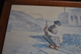 Aquarelle Signée 1917 Sous Cadre Vitré D'un Mineur Avec Sa Lampe Dans La Cour D'un Charbonnage Mine Bourbier Châtelet??? - Acquarelli