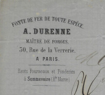 1861 ENTETE FONTE DE FER A.DURENNE Paris Hauts Fourneaux Fonderies Sommevoire Haute Marne Pour Doré Fondeur Le Mans - 1800 – 1899