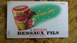 BUVARD PUBLICITAIRE PUBLICITE MOUTARDE DESSAUX FILS VACHE COCHON MOUTON PLEURANT FORMAT 10 PAR 17.5 CM DEROUET FROMENTI - Mosterd