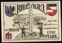 Notgeld Brunde 1920, Eine Mark, Gemeinde Brunde Mit Landschaft Und Telegrafstation, Slesvig Text - Denmark