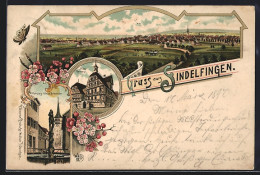 Lithographie Sindelfingen, Herzog Ulrich-Brunnen, Altes Rathaus, Totalansicht, Pferdegespann - Sindelfingen