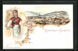 Lithographie Liestal, Panoramablick Auf Den Ort, Mädchen In Tracht - Liestal