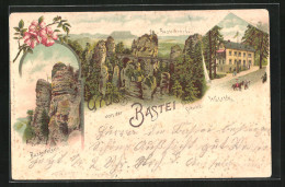 Lithographie Bastei /Sächs. Schweiz, Wald-Villa, Basteibrücke, Basteifelsen - Bastei (sächs. Schweiz)