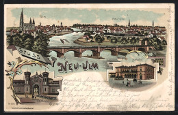 Lithographie Neu-Ulm, Friedens-Kaserne, Bahnhof - Neu-Ulm