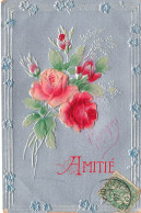 Delcampe - FANTAISIE - Amitié - Rose - Bordure Ornée De Fleurs - Mlle Alice Besseron - Carte Relief - Carte Postale Ancienne - Autres & Non Classés