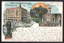 Lithographie Berlin, Gasthaus Weihenstephan, Friedrichstrasse 176, Brandenburger Tor - Brandenburger Tor