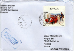 Auslands -Brief Von Cluj - Napoca Mit 14,50 Leva Europa Randstück Oldtimer Auto Hochrad 2025 - Briefe U. Dokumente