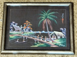 ANCIENNE PEINTURE PAYSAGE SCENE DE VIE JAPONNAISE SIGNE J.LONG ENCADRE SOUS VERRE - Acquarelli