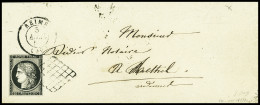 Lettre N°3a 20c Noir Sur Blanc Obl. Grille Plus CàD Reims (Marne) Du 5 Avril 1850 Sur Lettre Pour Rethel (Ardennes), SUP - 1849-1850 Ceres
