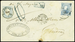 Lettre N°50 12c Bleu Obl. S. Env. Et à Côté Càd VERA CRUZ PAQ FR B N°1 18/3/74, Cachet Bleu Encadré 1F56, Taxe 10 En Ble - Mexico