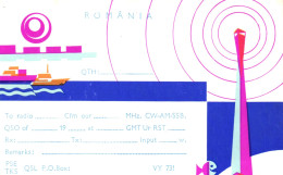 QSL CARDS, RADIO, CW-AM-SSB, CONSTANTA, ILLUSTRATION OF TOWER, SHIPS, POSTCARD, ROMANIA - Radio