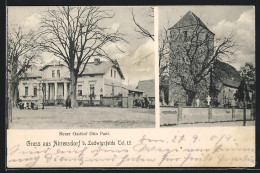 AK Ahrensdorf Bei Ludwigsfelde, Neuer Gasthof Otto Paul, Kirche - Ludwigsfelde