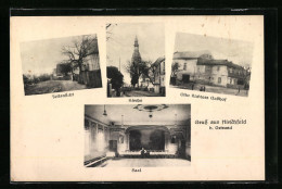 AK Hirschfeld B. Ortrand, Otto Richters Gasthof, Inneres Saal, Kirche - Ortrand