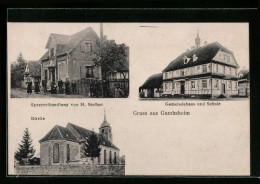 CPA Gambsheim, Gemeindehaus Et Schule, Spezereihandlung Sieffert, L'Église - Gambsheim