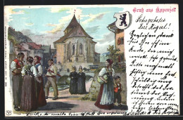 Lithographie Appenzell, Fussgänger An Der Kirche - Appenzell