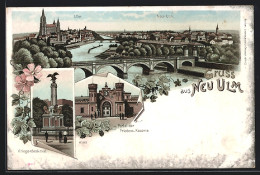 Lithographie Neu-Ulm, Panorama, Kriegerdenkmal, Friedens-Kaserne - Neu-Ulm