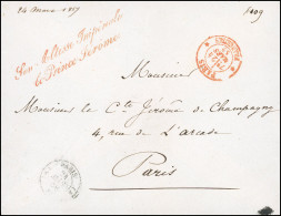 Collection Jean Sénéchal. 24 Mars 1859. LE PRINCE JEROME. Lettre Frappée De La Cursive Rouge "SON ALTESSE IMPERIALE LE P - 1849-1876: Periodo Clásico