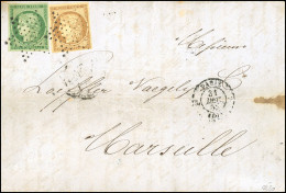 1+2 - 10c. Bistre-jaune + 15c. Vert, Obl. S/lettre Frappée Du CàD De PARIS Du 31 Décembre 1852 à Destination De MARSEILL - 1849-1850 Cérès