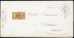 1a - Paire Du 10c. Bistre-brun, Obl. PC 1818 S/lettre Frappée Du CàD De LYON Du 29 Février 1852 à Destination De SERRIER - 1849-1850 Cérès