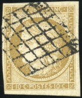 1b - 10c. Bistre-verdâtre. Obl. Grille. 3 Grandes Marges. TB. - 1849-1850 Cérès