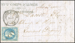 37 - LA GIRONDE. 20c. Lauré Obl. Losange A.R.A.M. S/lettre à En-tête Du 13ème CORPS D'ARMEE, Frappée Du CàD ARMEE DU RHI - Guerra Del 1870