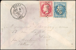 29+32 - 20c. Bleu + 80c. Rose (timbres Rajoutés) S/lettre De CONDRES Du 31 Décembre 1870 à Destination De PARIS Par MOUL - Guerra Del 1870