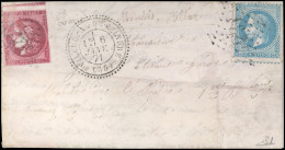 29+49 - 20c. Lauré + 80c. Bordeaux Obl. GC 4231 S/lettre Frappée Du CàD Perlé De VILLEDIEU DE L'INDRE Du 6 Janvier 1871  - Guerra Del 1870