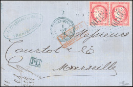 57 - TREBIZONDE. 80c. C2R7S (paire) Obl. GC 5100 S/lettre Frappée Du CàD Bleu De TREBIZONDE Du 1er Novembre 1873 à Desti - 1849-1876: Periodo Classico