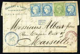 35+60 - TUNIS. 5c. Empire + 3 (1 Exemplaire Déf.) X 25c. Cérès Obl. GC 5107 En Bleu S/lettre Frappée Du CàD De TUNIS Du  - 1849-1876: Periodo Classico