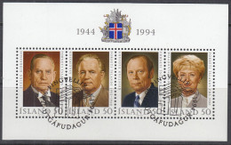 ISLAND  Block 16, Gestempelt, 50 Jahre Republik Island (II) – Staatspräsidenten, 1994 - Blokken & Velletjes