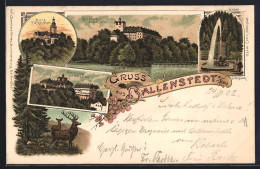 Lithographie Ballenstedt A. Harz, Schloss Von Osten U. Westen, Springbrunnen Im Schlosspark, Hirsche - Ballenstedt